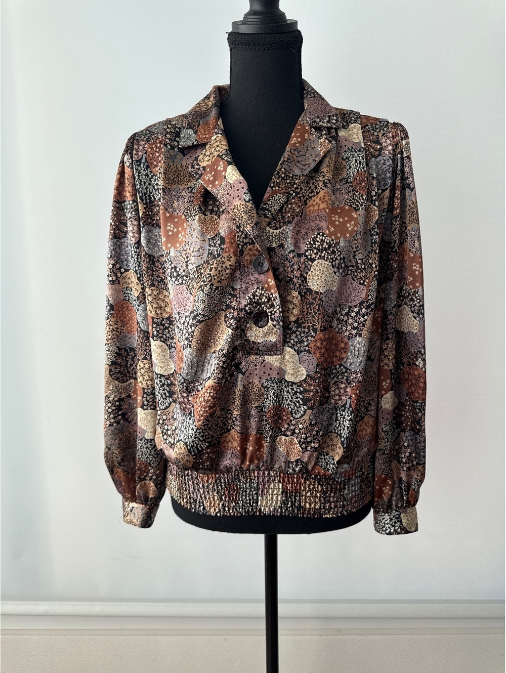 Vintage Three Flags Blouse Women’s Brown Floral Abstract Made USA 80s